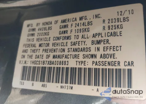 2011 Honda Accord 2.4 Ex z USA, uszkodzony, nr VIN 1HGCS1B7XBA008693